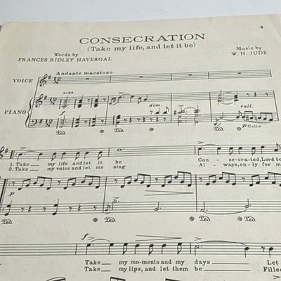 Consecration Take My Life Let It Be Sheet Music Piano Voice Solo 1909 antique – photo 3