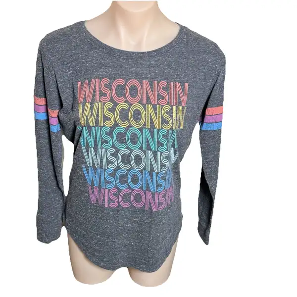 Wisconsin Long Sleeve Mottled Grey T-shirt Colourful Spell Out State Of Mine