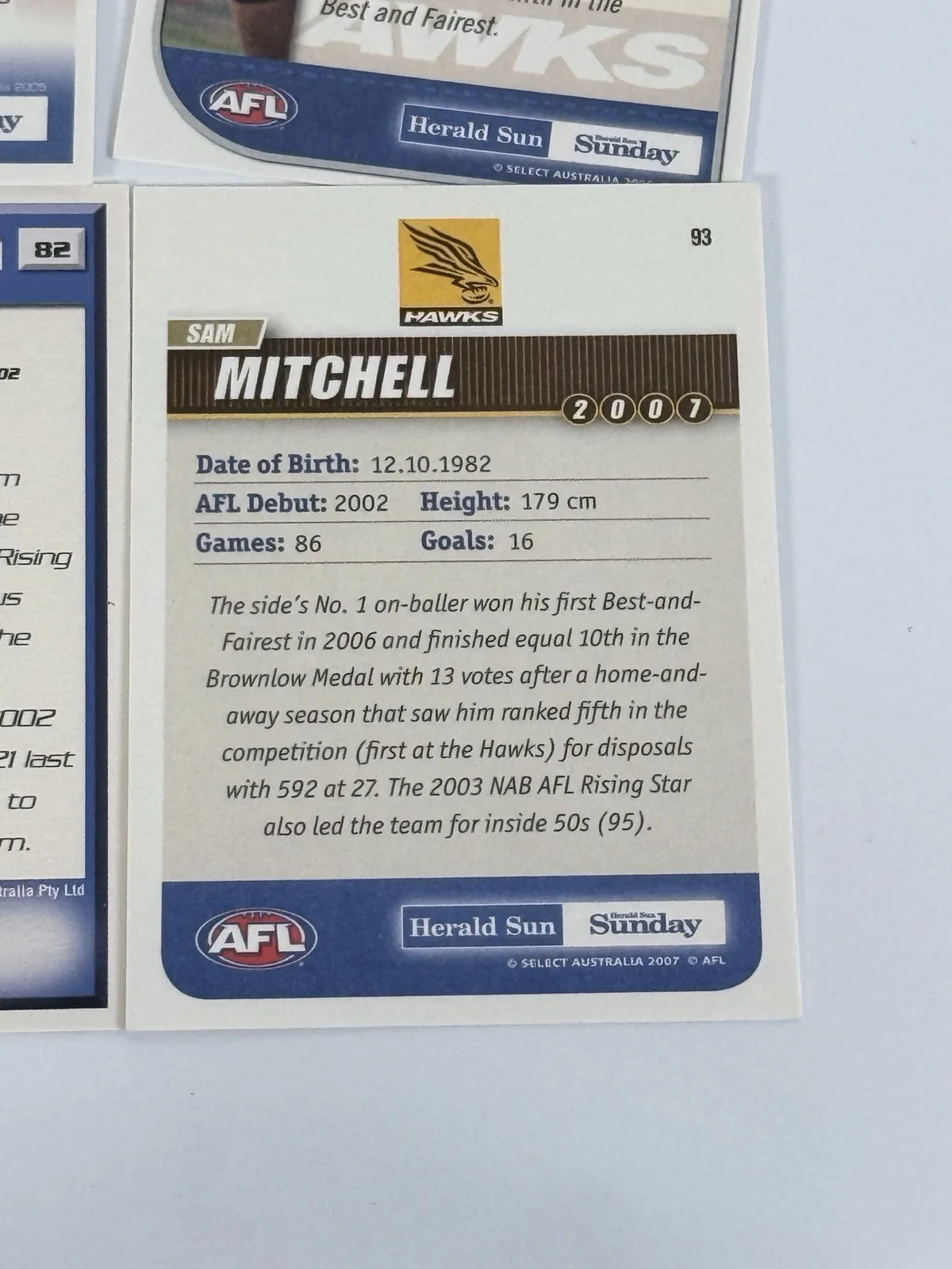 Select Sam Mitchell Hawthorn Hawks AFL 2009 Best & Fairest 6 Card Lot – photo 10