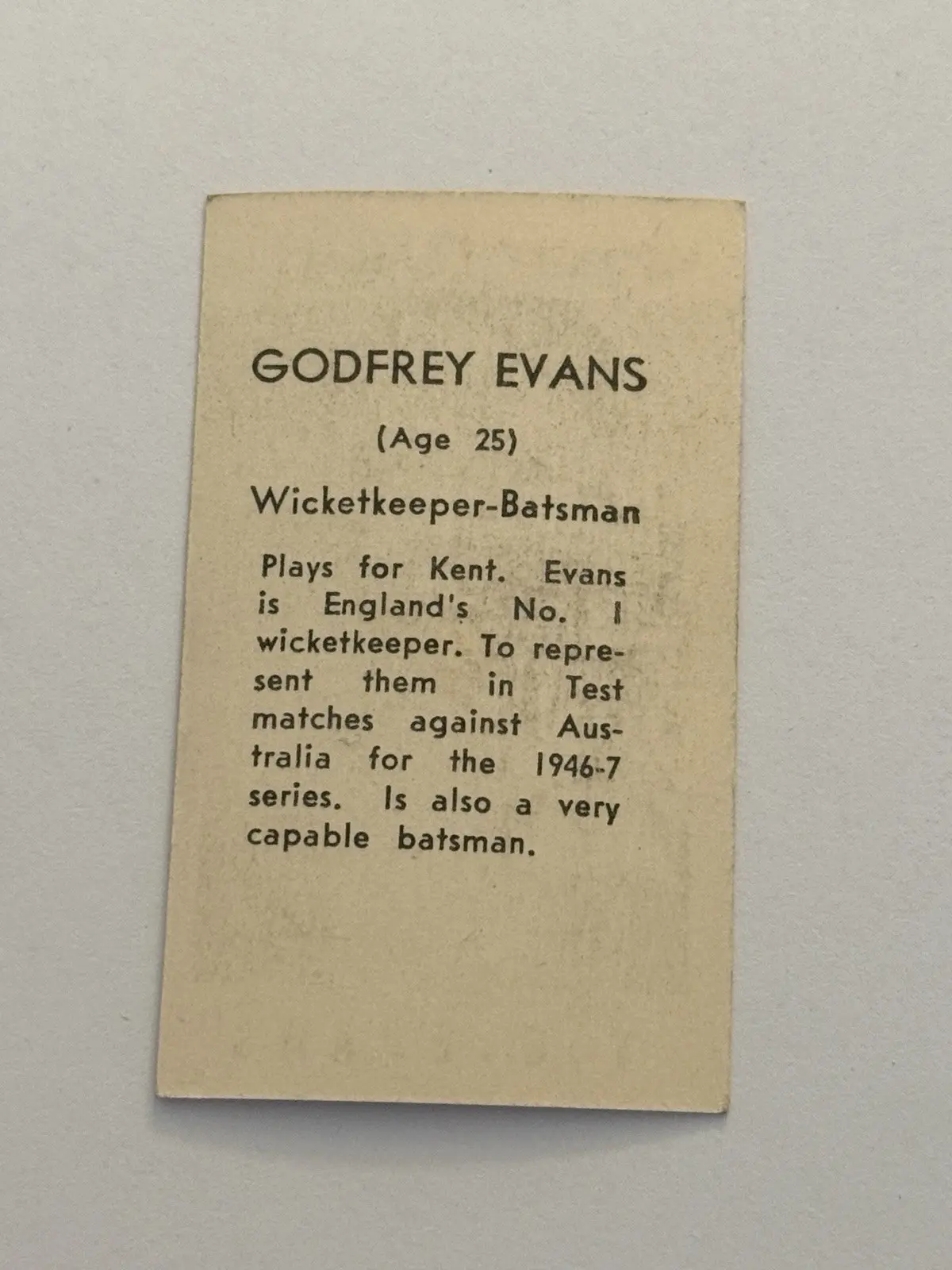 Wills 1946-47 Cricket Series T.G. EVANS Godfrey Evans Kent England Card – photo 2