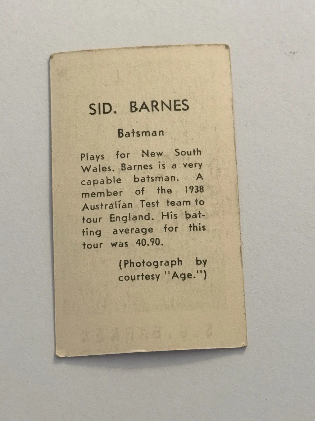 S.G. BARNES (Sid Barnes) New South Wales Cricket Sports Trading Card – photo 2