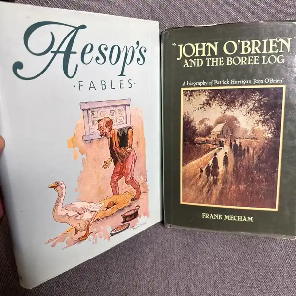 Vintage Aesops Fables John OBrien And The Boree Log 2 Book Hardcover Bundle Rare