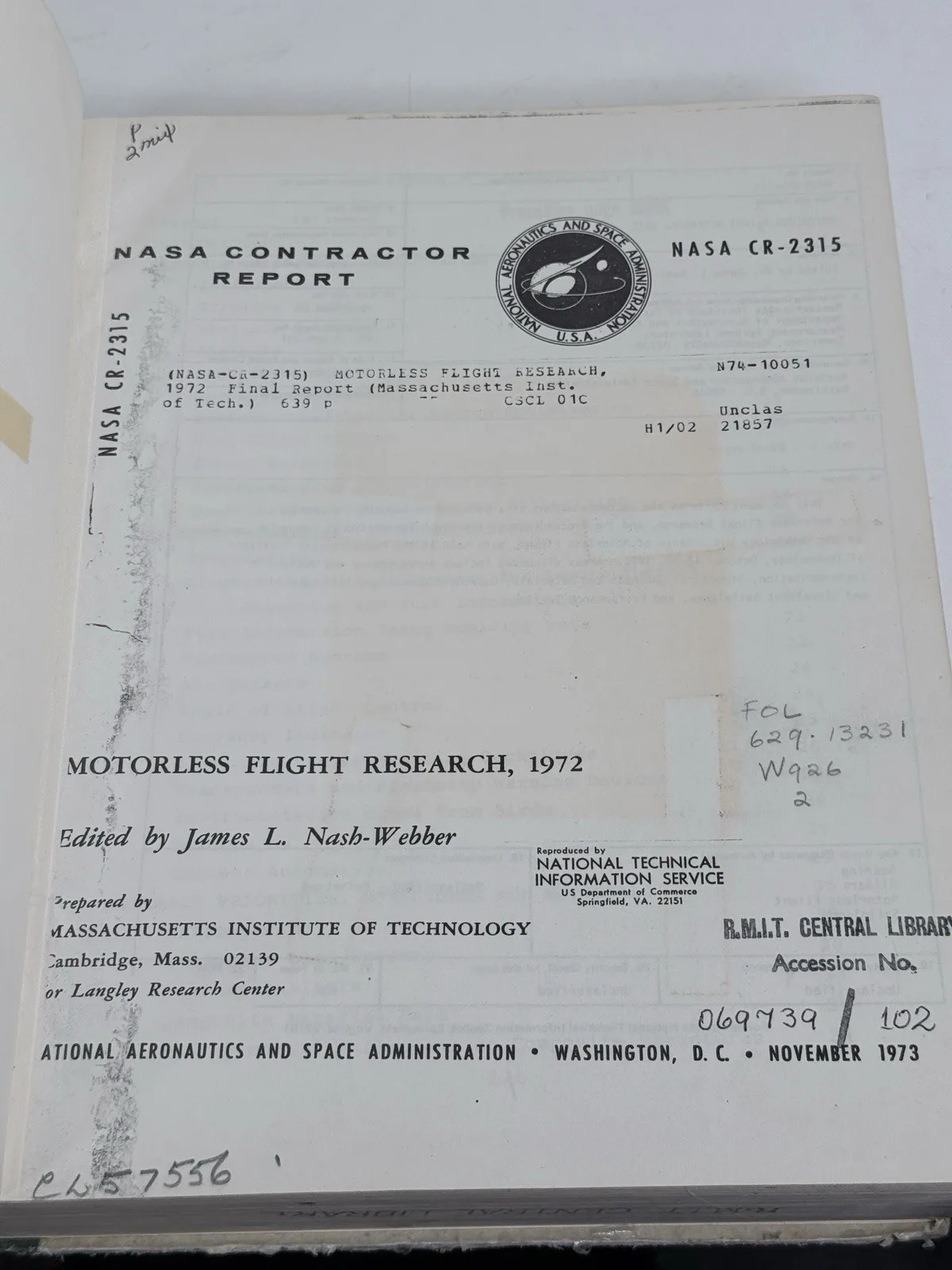 NASA Contractor Report CR-2315 Motorless Flight Research 1972 Nash-Webber HC – photo 7