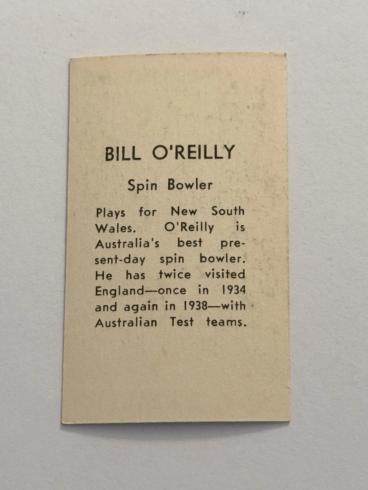 W. J. O'Reilly (Bill O'Reilly) New South Wales Cricket Sports Trading Card – photo 2