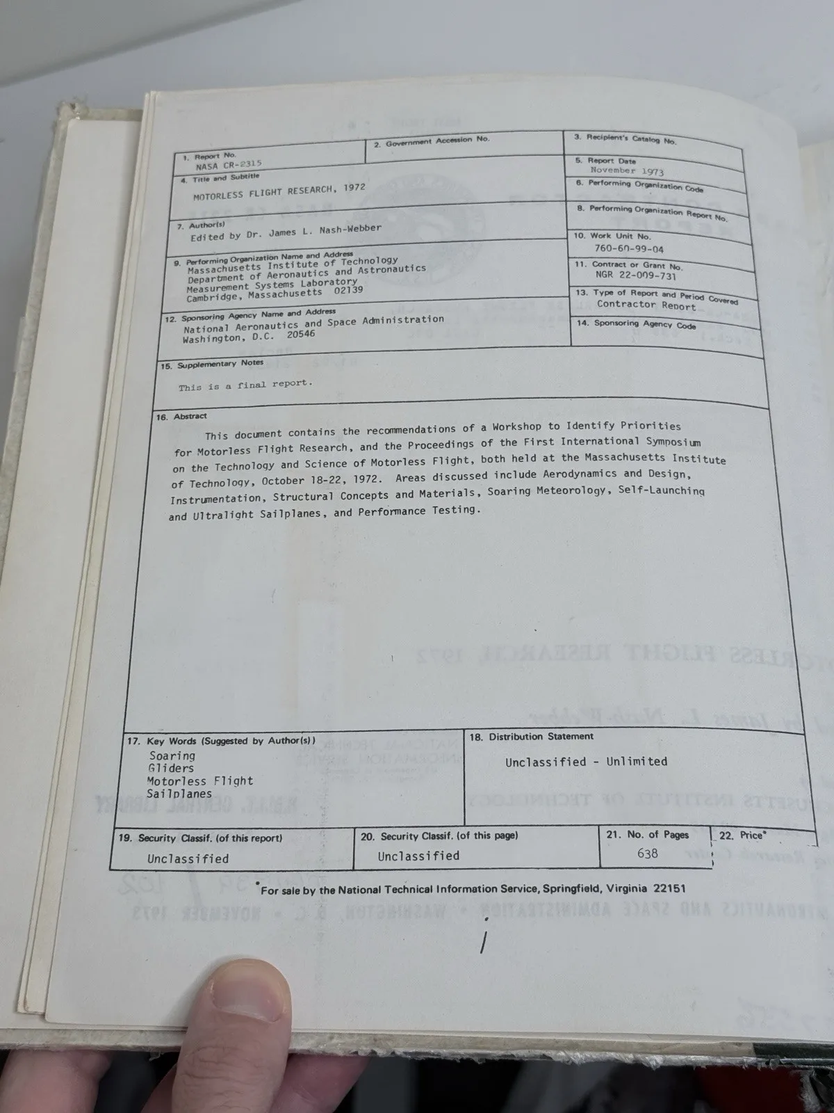 NASA Contractor Report CR-2315 Motorless Flight Research 1972 Nash-Webber HC – photo 9