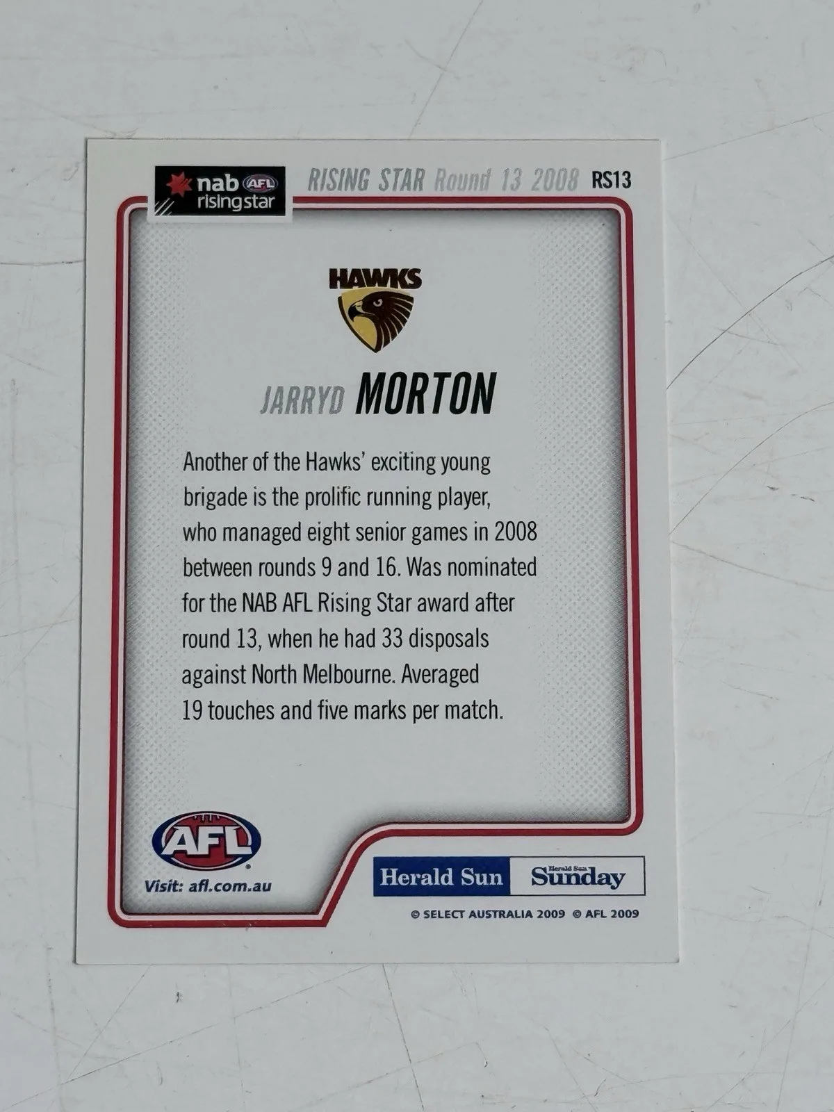 Select Australia NAB AFL Rising Star 2009 Jarryd Morton RS13 Hawthorn Card – photo 2