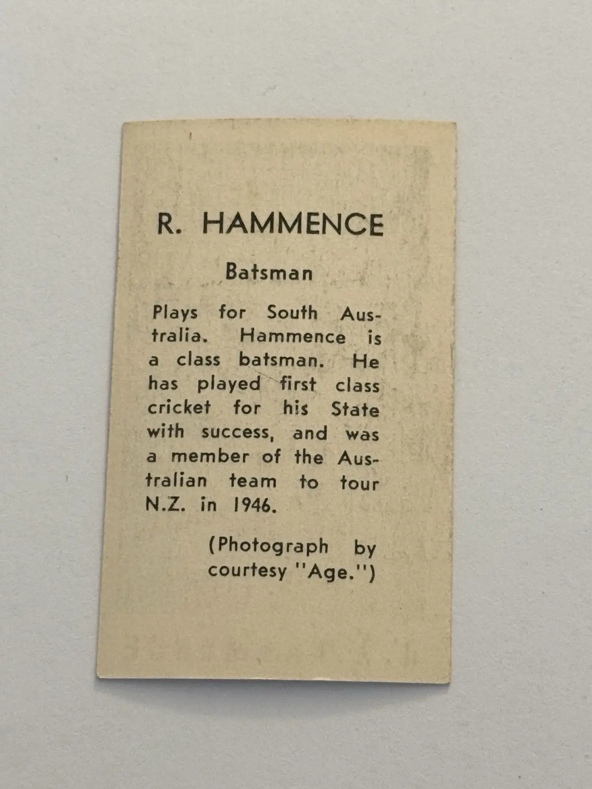 R. A. Hammence Cricket Card Original Collectable Memorabilia Card – photo 2