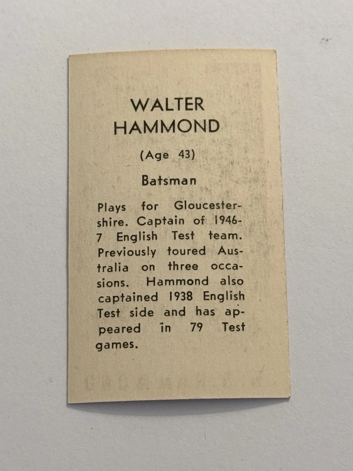 Walter Hammond Cricket Card Original Collectable Memorabilia Card – photo 2