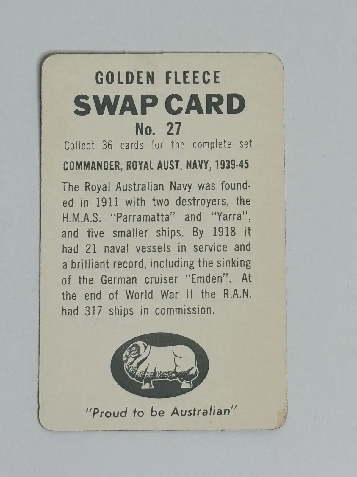 Golden Fleece Swap Cards No.27 Commander Royal Australian Navy 1939-45 – photo 2