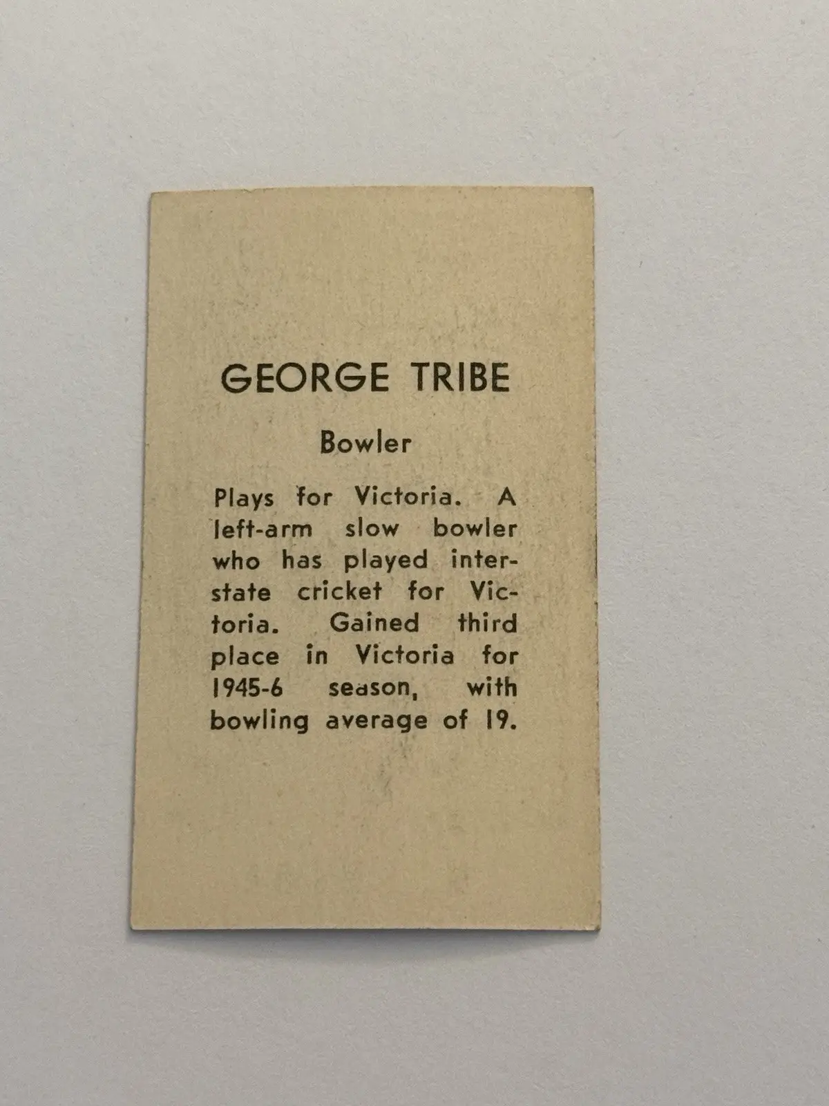 George Tribe G. TRIBE Victoria Cricket Trading Card Vintage 1945-6 Season – photo 2
