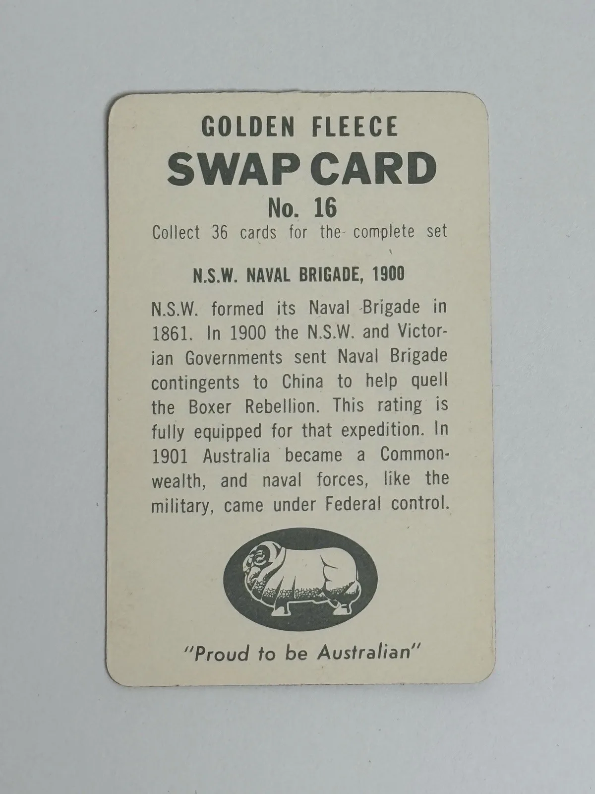 Golden Fleece Swap Card Non-Sport Trading Card No.16 N.S.W. Naval Brigade 1900 – photo 2