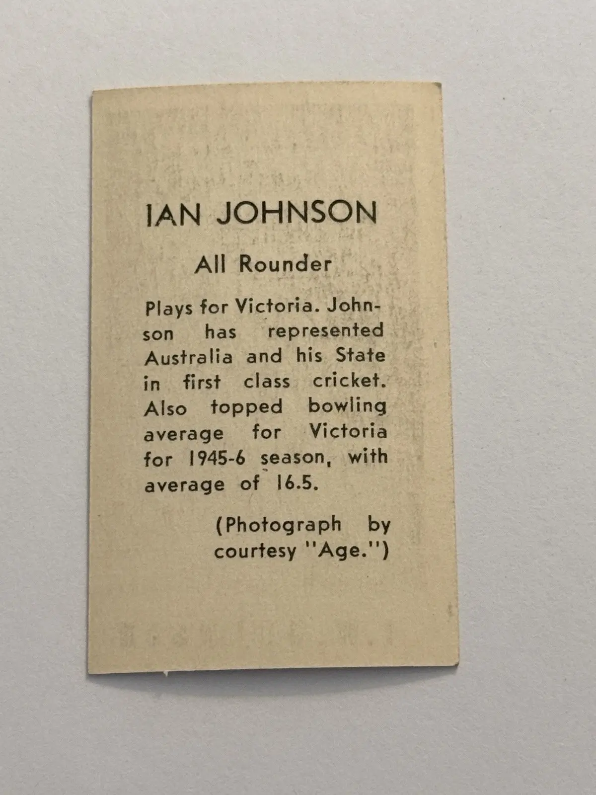 I.W. Johnson 1945-6 Cricket Base Set No. 1 Ian Johnson Victoria Australia Card – photo 2