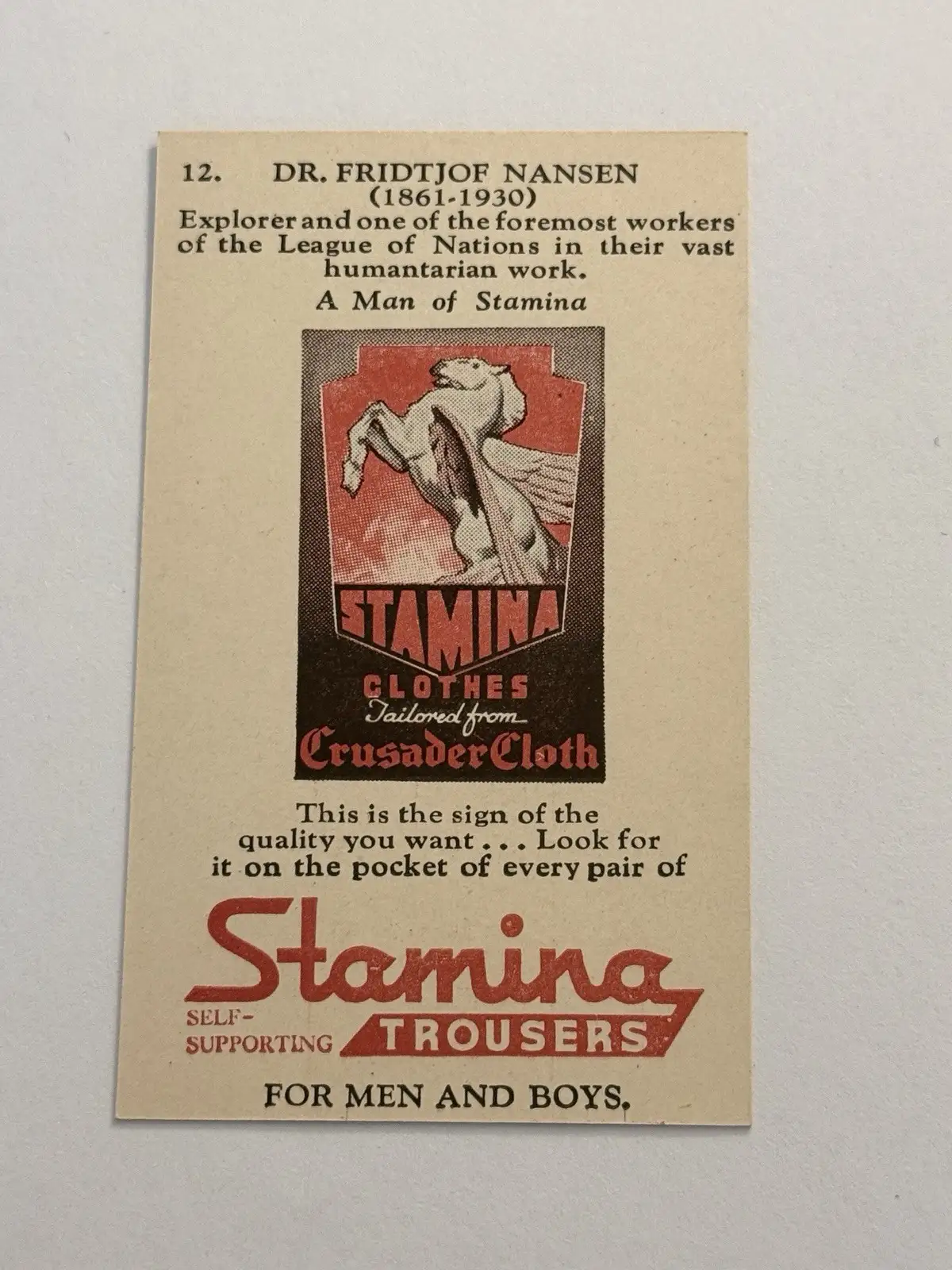 Stamina Clothes Crusader Cloth Non-Sport Trading Card No.12 Dr. Fridtjof Nansen – photo 2