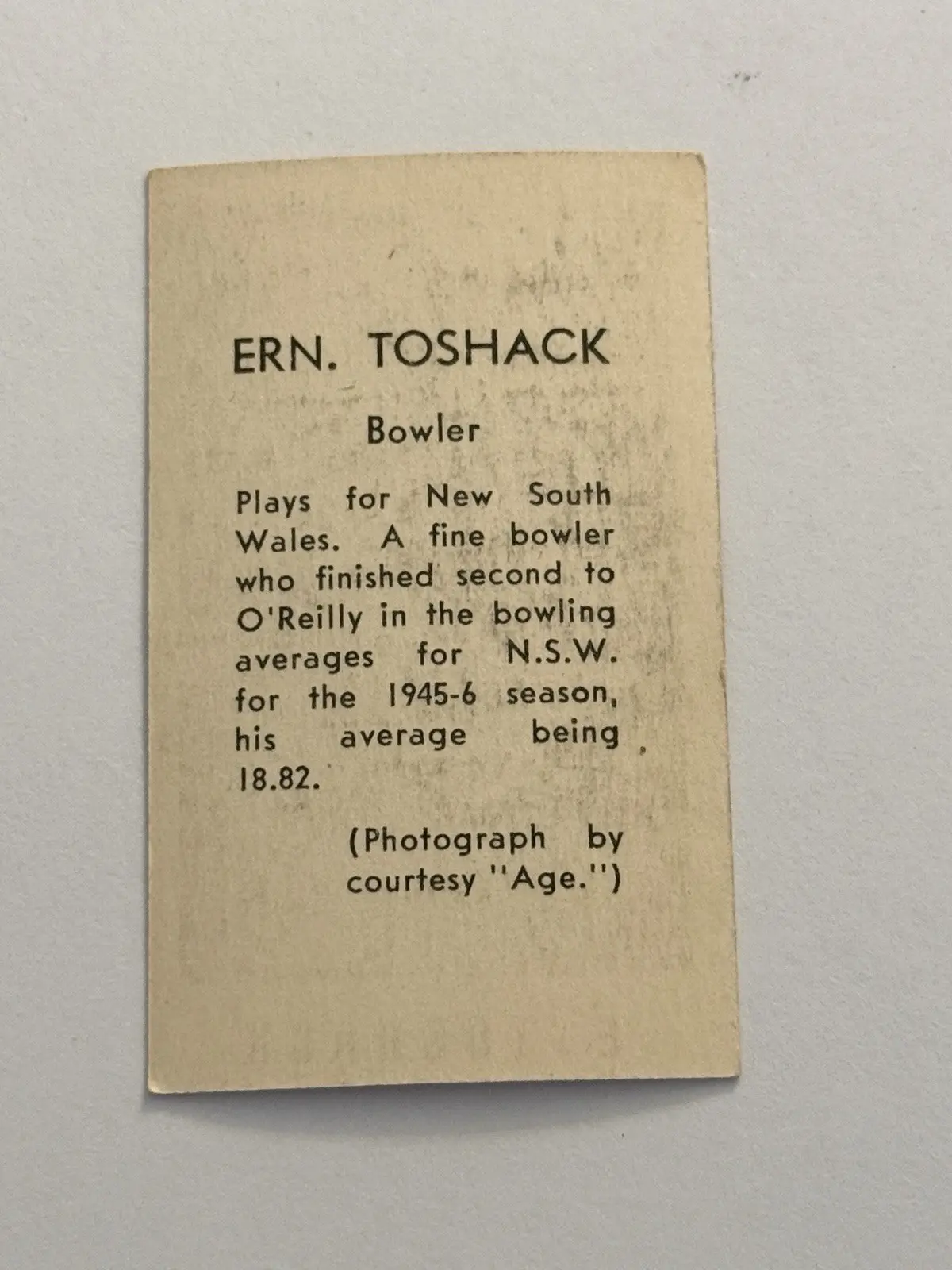 Ern Toshack Cricket Card Original Collectable Memorabilia Card – photo 2