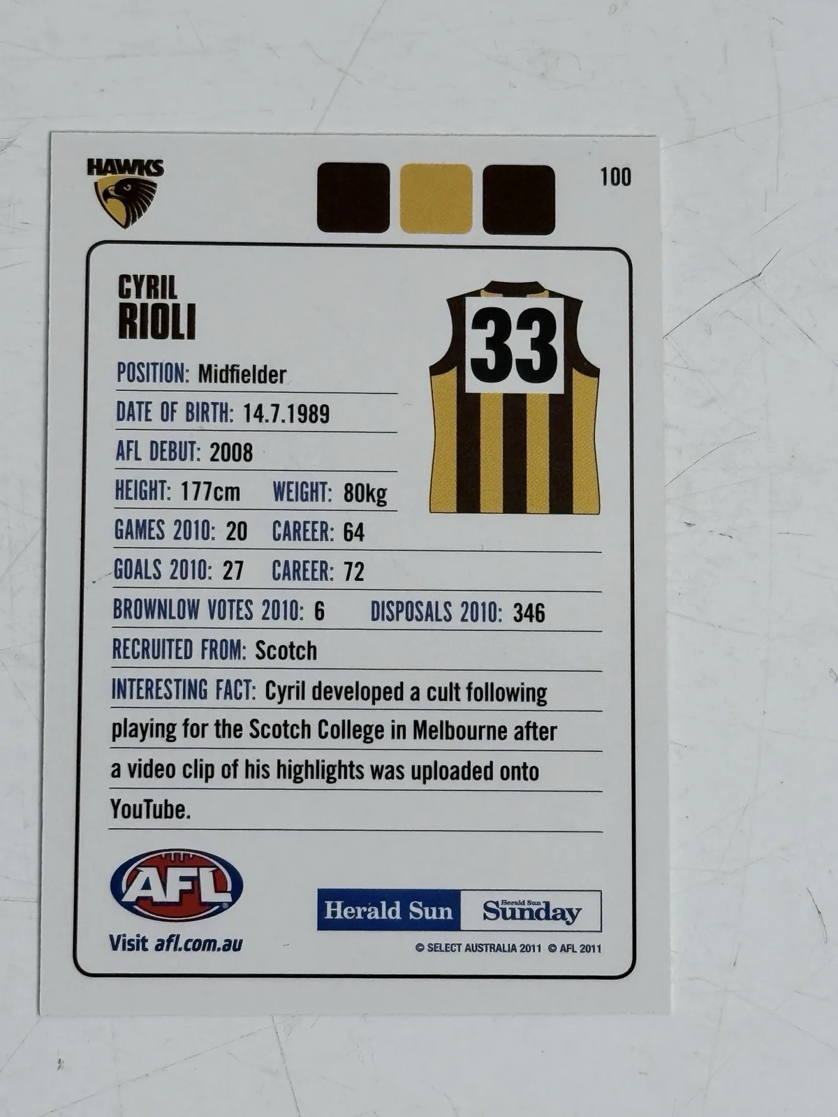 Select AFL 2011 Young Gun Insert Cyril Rioli #100 Hawthorn Card – photo 2