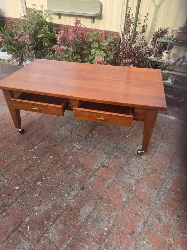 Tv or lounge solid timber table 2 shelves on wheels
