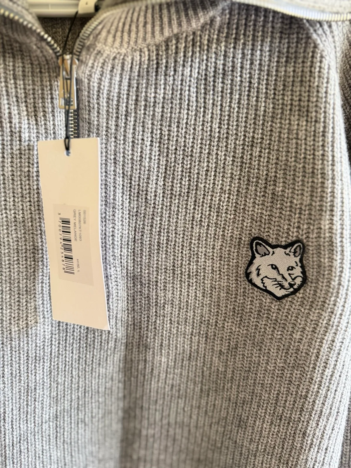 Maison Kitsuné Bold Fox Head Patch Half-Zip Ribbed Jumper in Medium Grey Melange — photo 2