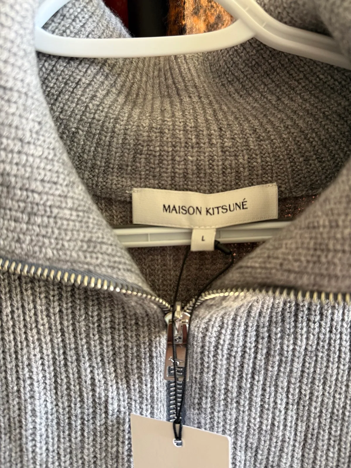 Maison Kitsuné Bold Fox Head Patch Half-Zip Ribbed Jumper in Medium Grey Melange — photo 3