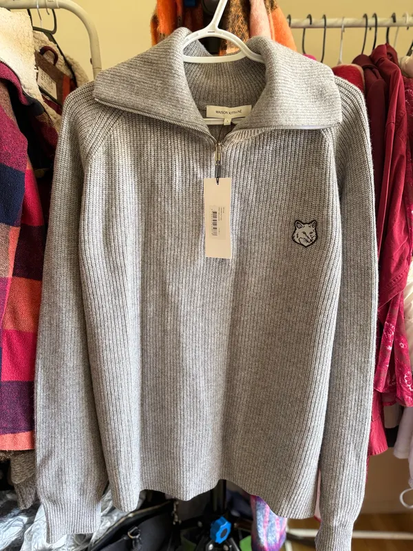 Maison Kitsuné Bold Fox Head Patch Half-Zip Ribbed Jumper in Medium Grey Melange