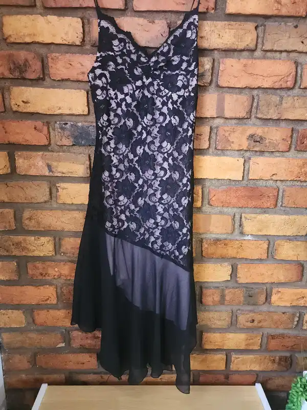 Vintage 90s Syndicate Black Lace Pink Asymmetric Maxi Dress Size 10