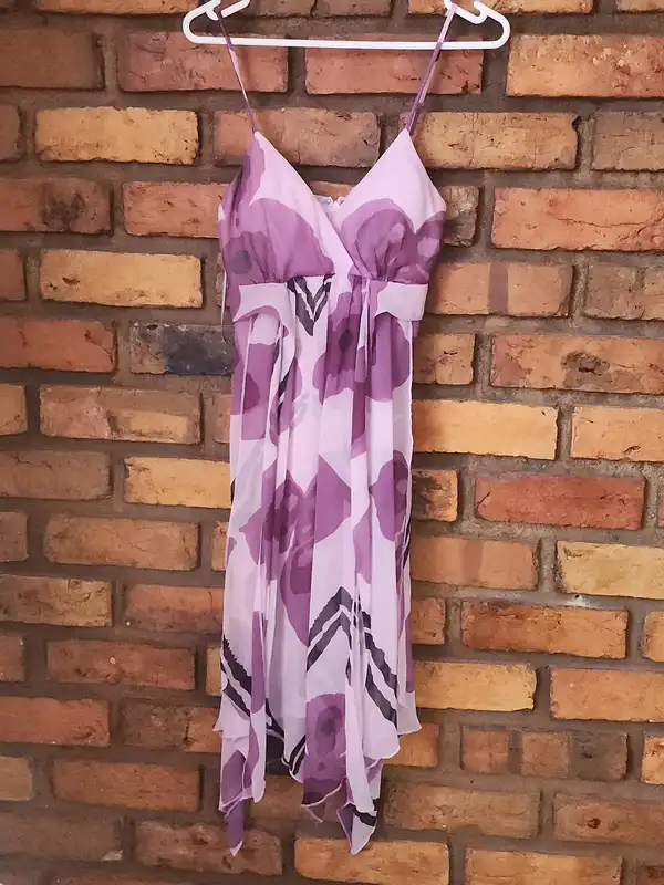 5PM Purple Floral Chiffon Handkerchief Midi Dress Size 8 Y2K Style