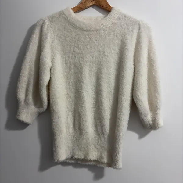 Fluffy Soft Knit Jumper Cream White Stretchy Puff Sleeve One Size (Fits AU 6-10)