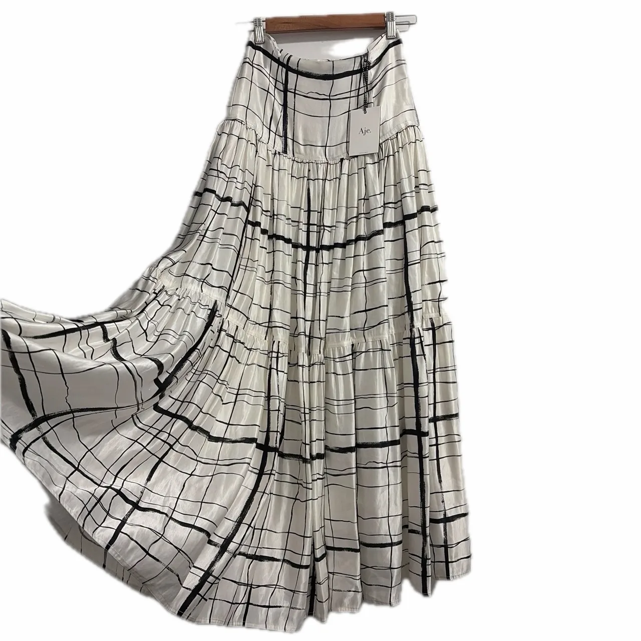 Aje Infinite Skirt Imperfect White Check Silk Linen Maxi Skirt Size 8 BNWT rrp $ – photo 3