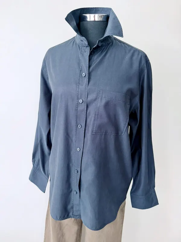 COS Navy Shirt Cotton Blend Subtle Sheen | Size 36 XS