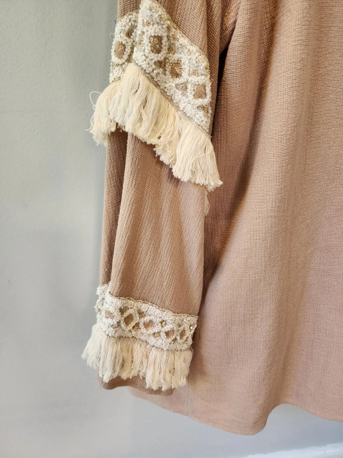 NWT Indikah by Angel Biba Boho Kimono Cardigan Jacket Mocha Fringe Sequin L 12 – photo 7