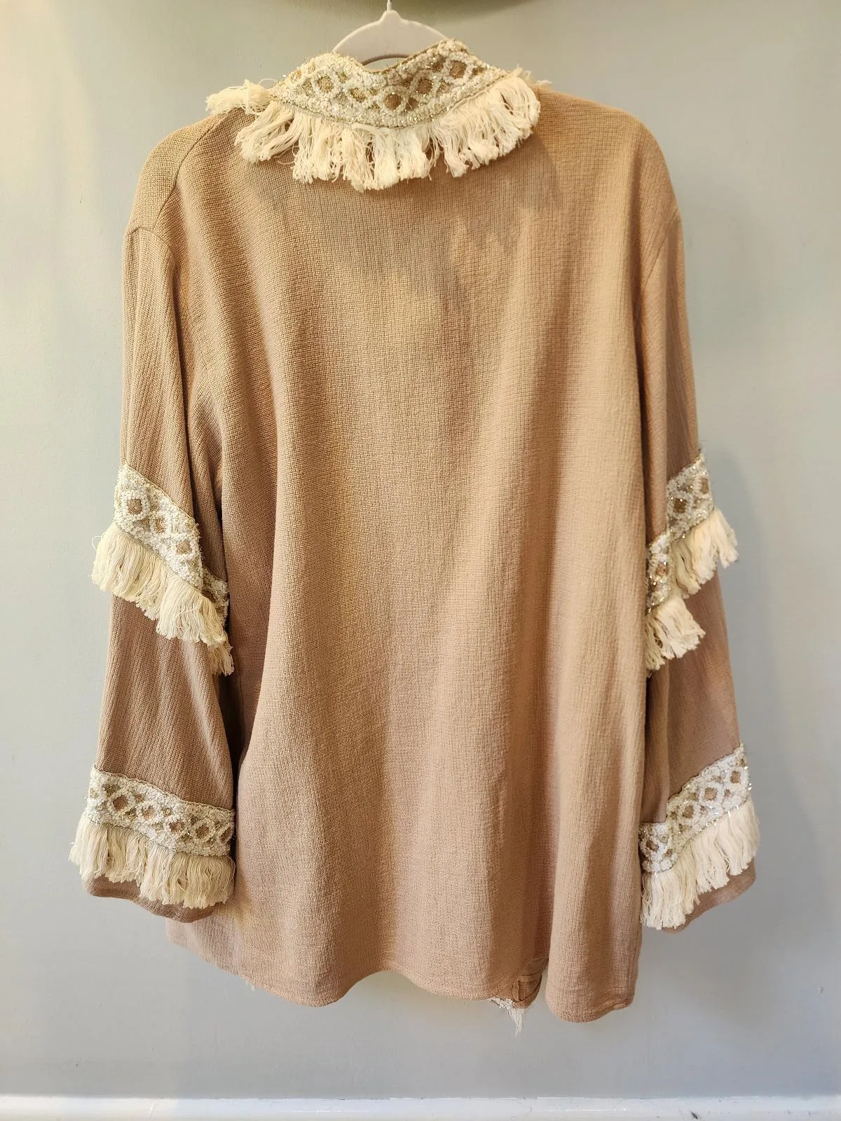 NWT Indikah by Angel Biba Boho Kimono Cardigan Jacket Mocha Fringe Sequin L 12 – photo 6