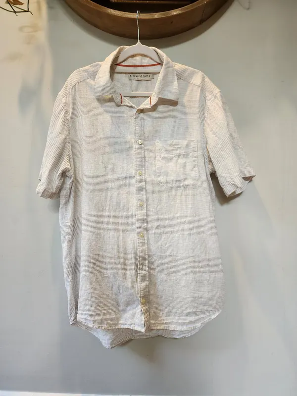 RM Williams Mens L Linen Cotton Short Sleeve Button Up Shirt Striped Grey White