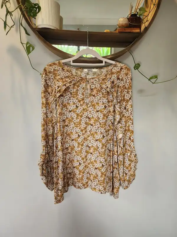 SASS Ditsy Floral Long Sleeve Blouse Size 10 Mustard Boho Cottagecore Keyhole To
