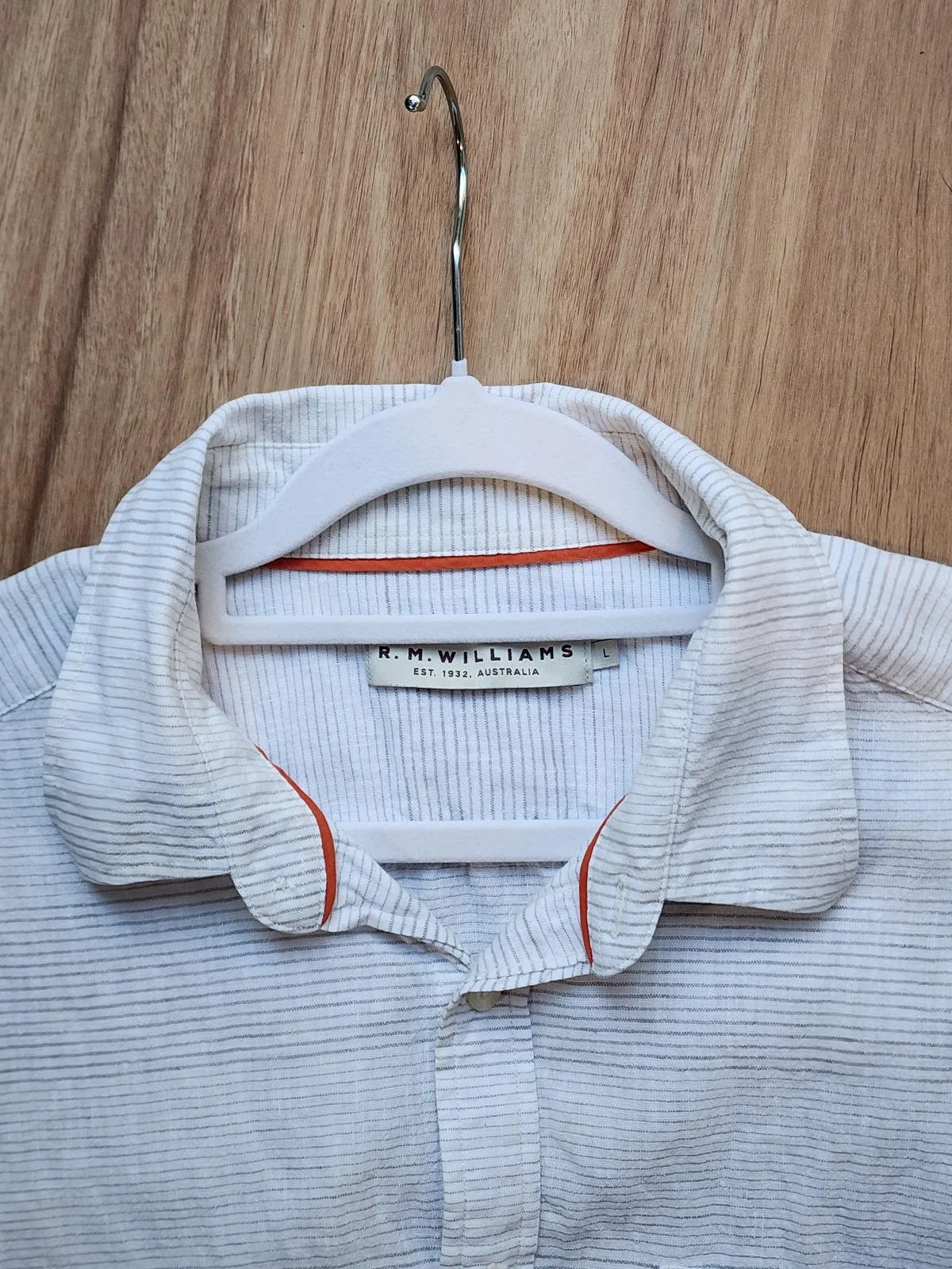 RM Williams Mens L Linen Cotton Short Sleeve Button Up Shirt Striped Grey White – photo 5