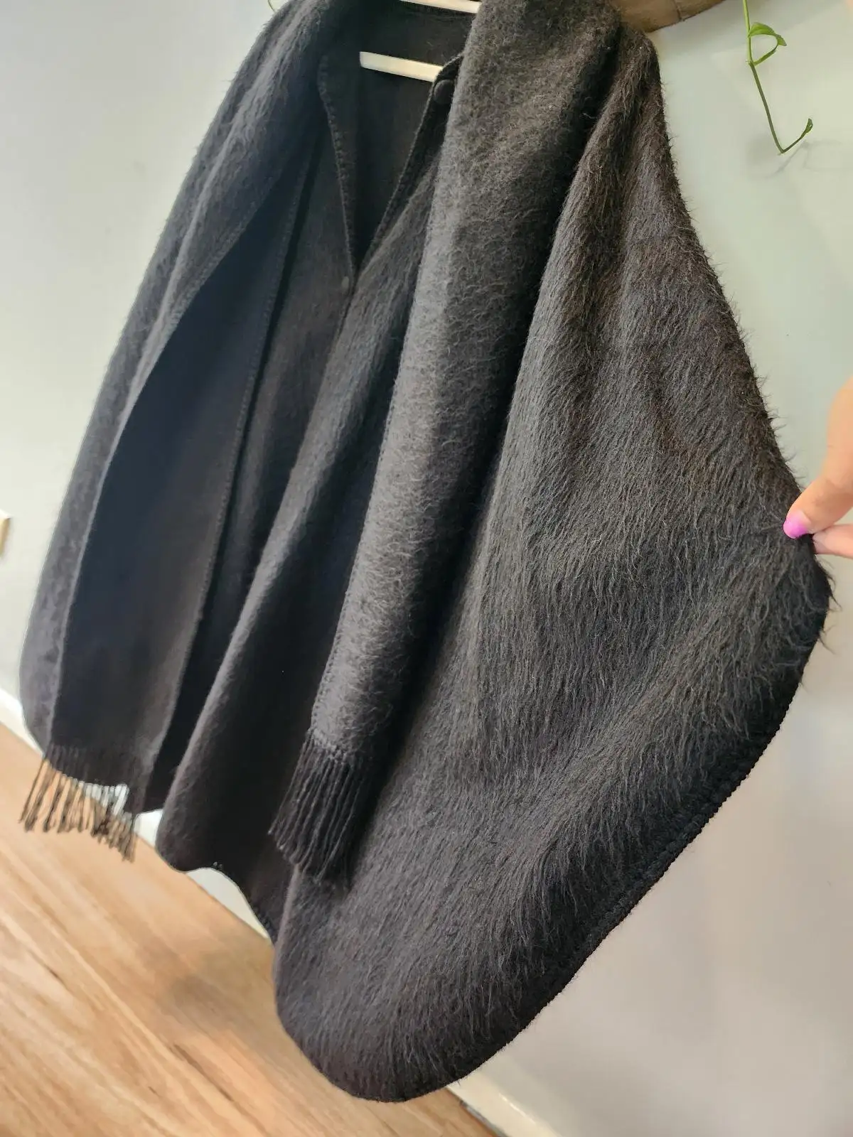 Alpaca Camargo Dark Grey Black Button Up Poncho Cape Attached Fringe Scarf O/S – photo 7