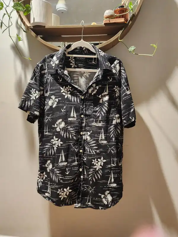 Prodigy Black White Monochrome Nautical Sailboat Anchor Hibiscus Hawaiian Shirt