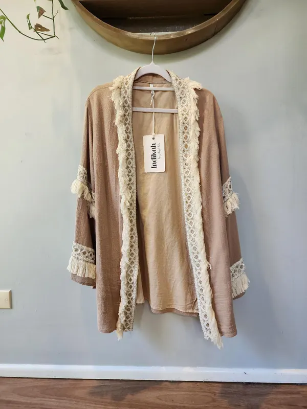 NWT Indikah by Angel Biba Boho Kimono Cardigan Jacket Mocha Fringe Sequin L 12