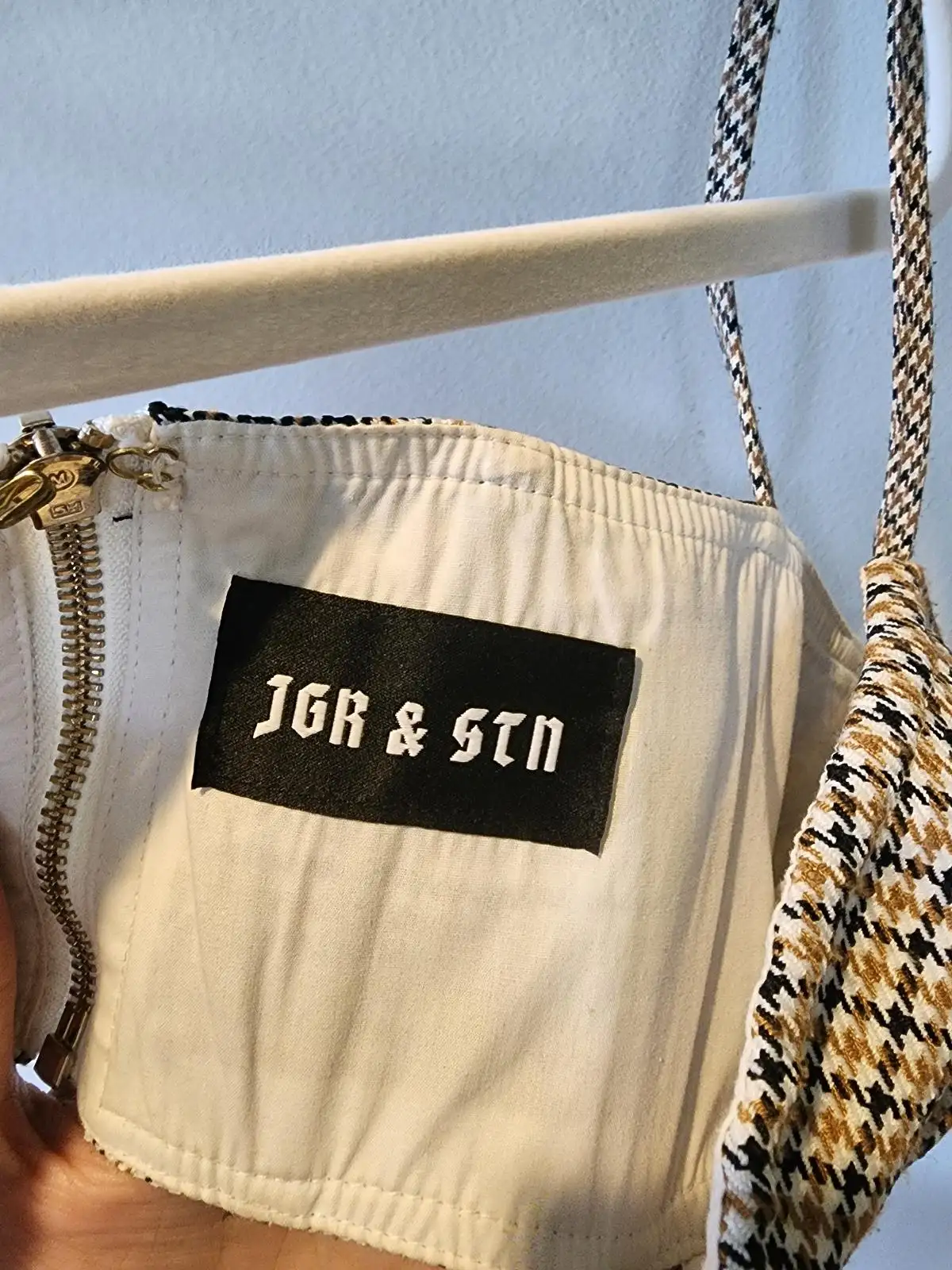 JGR & STN Houndstooth Corset Top Size 8 Tan Black Bustier Y2K Baddie Festival To – photo 3
