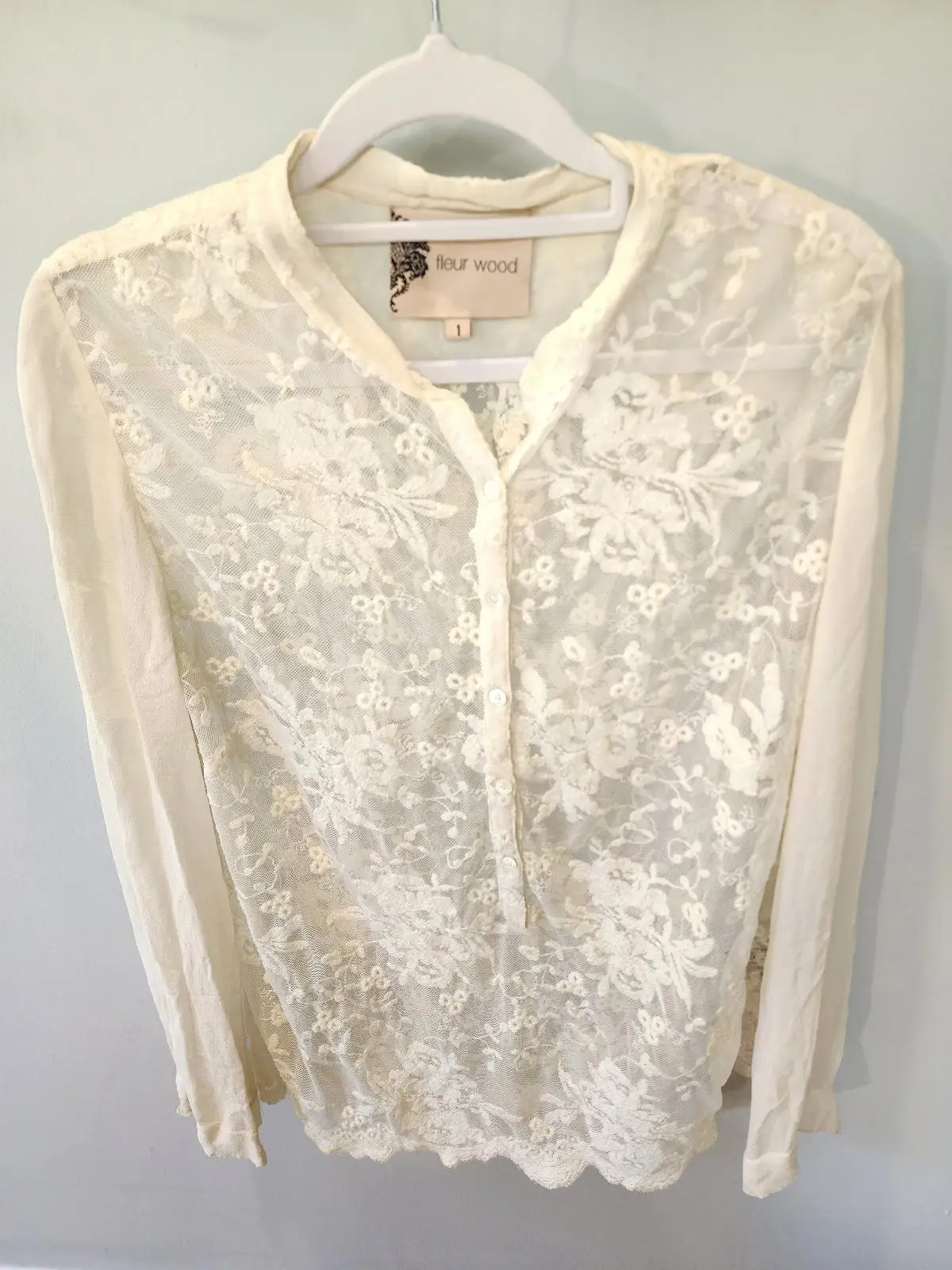 Fleur Wood Cream Embroidered Ethereal Luxe Whimsygoth Floral Lace & Silk Blouse – photo 2