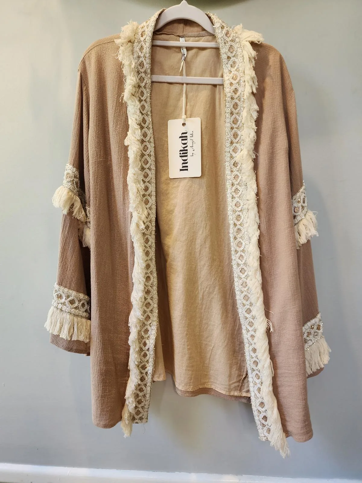 NWT Indikah by Angel Biba Boho Kimono Cardigan Jacket Mocha Fringe Sequin L 12 – photo 2