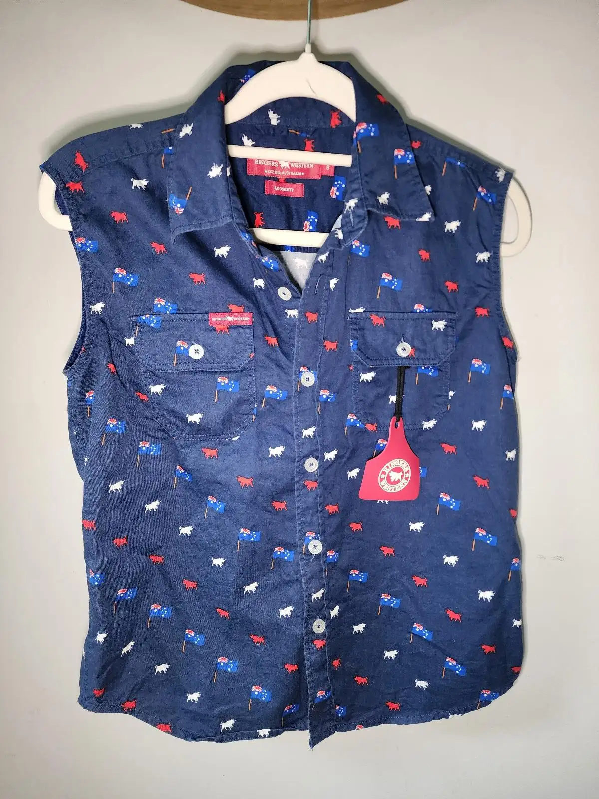 Ringers Western Country Rodeo Navy Aussie Flag Bull Sleeveless Shirt 8-10 NWT – photo 2