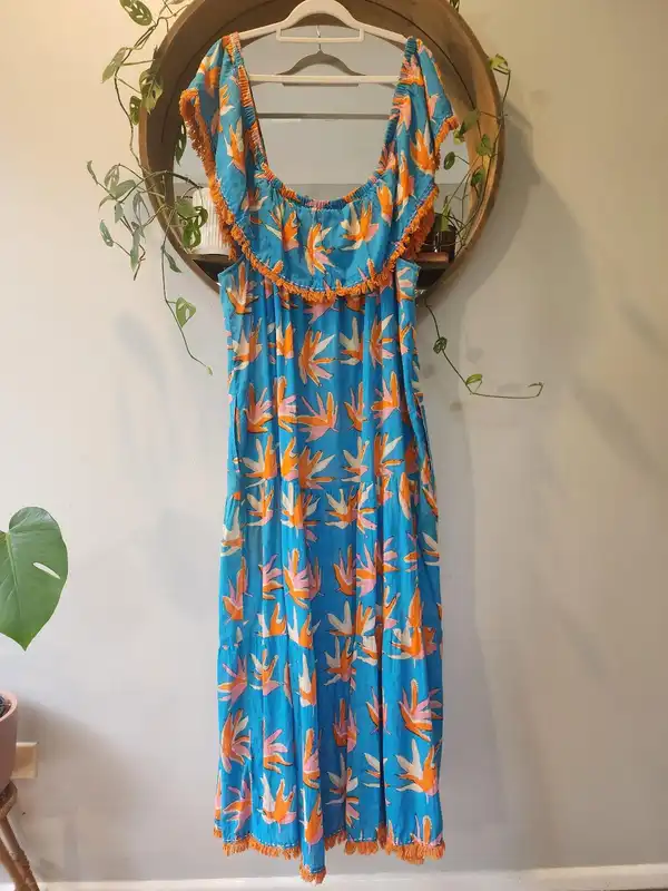 LULALIFE Blue Orange Bird of Paradise Off-Shoulder Midi Dress with Pockets Plus
