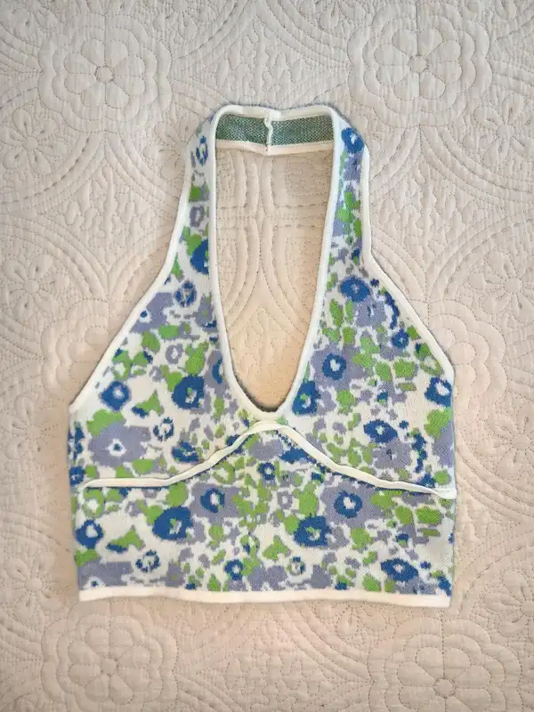 Princess Polly Floral Knit Halter Crop Top Size M L Blue Green Y2K Backless Crop