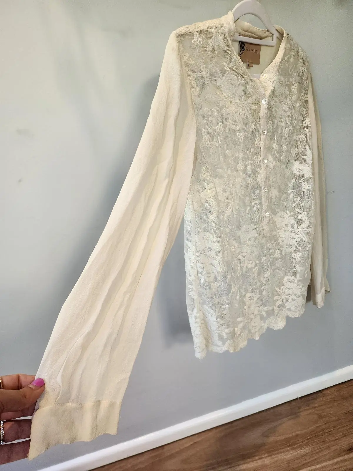 Fleur Wood Cream Embroidered Ethereal Luxe Whimsygoth Floral Lace & Silk Blouse – photo 5