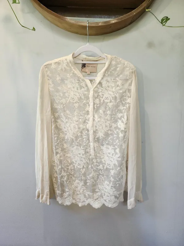 Fleur Wood Cream Embroidered Ethereal Luxe Whimsygoth Floral Lace & Silk Blouse