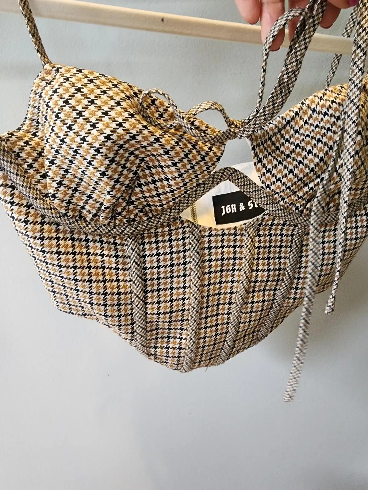 JGR & STN Houndstooth Corset Top Size 8 Tan Black Bustier Y2K Baddie Festival To – photo 8