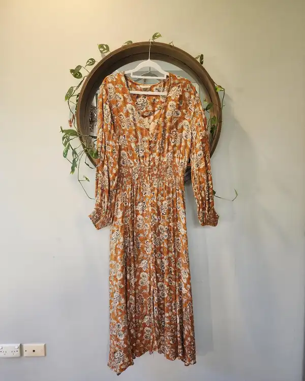 Talisman Rust Terracotta Floral Coastal Cowgirl Festival Earthy Boho Maxi Dress