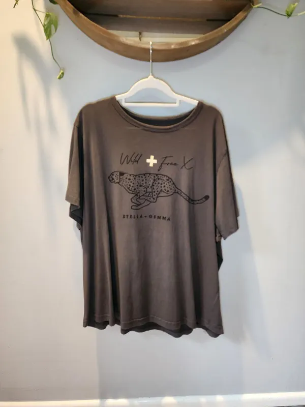 Stella + Gemma Womens Plus Size 18 Grey Cotton Wild Free Cheetah Cotton T-Shirt