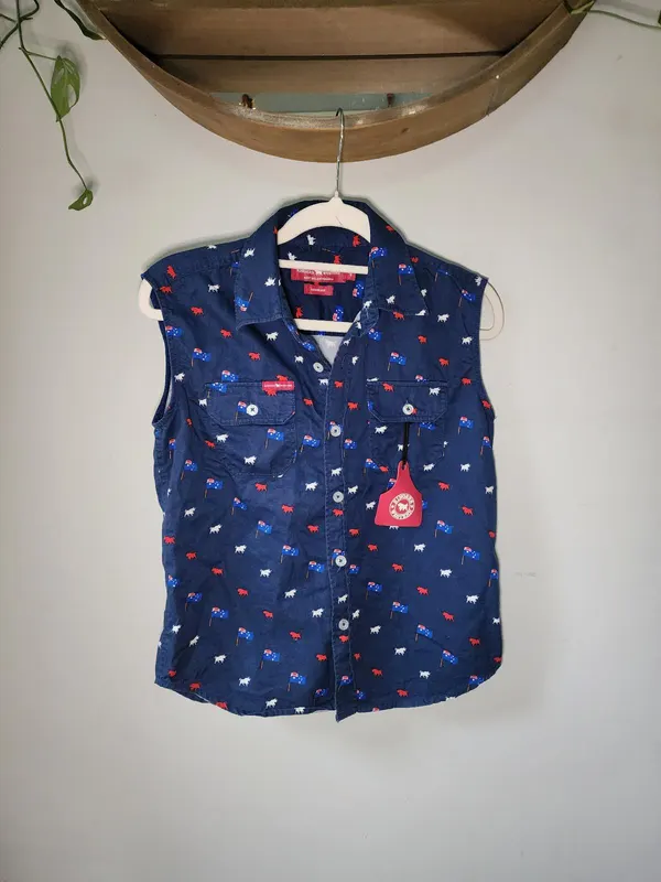 Ringers Western Country Rodeo Navy Aussie Flag Bull Sleeveless Shirt 8-10 NWT