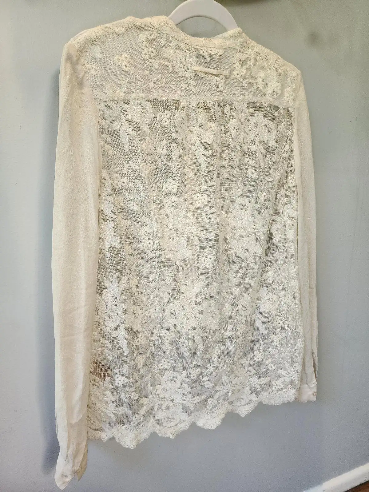 Fleur Wood Cream Embroidered Ethereal Luxe Whimsygoth Floral Lace & Silk Blouse – photo 8