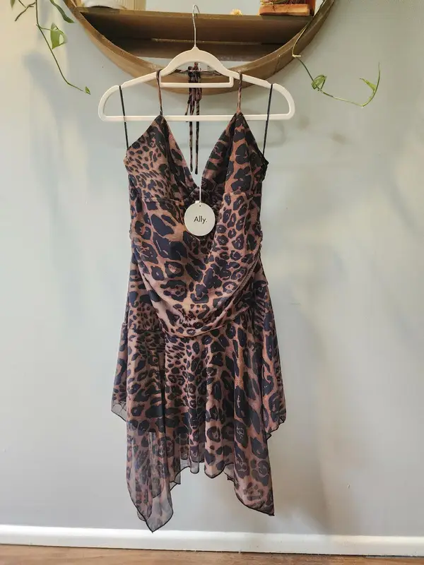 Ally Fashion NWT Leopard Y2K Baddie Mesh Ruched Halter Asymmetric Mini Dress 12